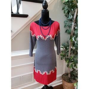 Max Studio Dress Women L Red Navy Floral Printed Polyester Spandex 3/4 Sleeve
